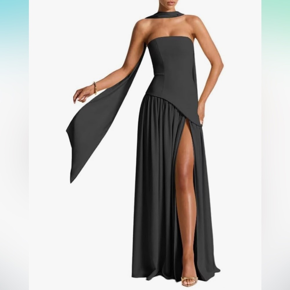 Elegant Black Strapless Gown with Scarf Detail
